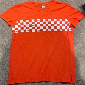 red checkered top (looks a little orange in pic)